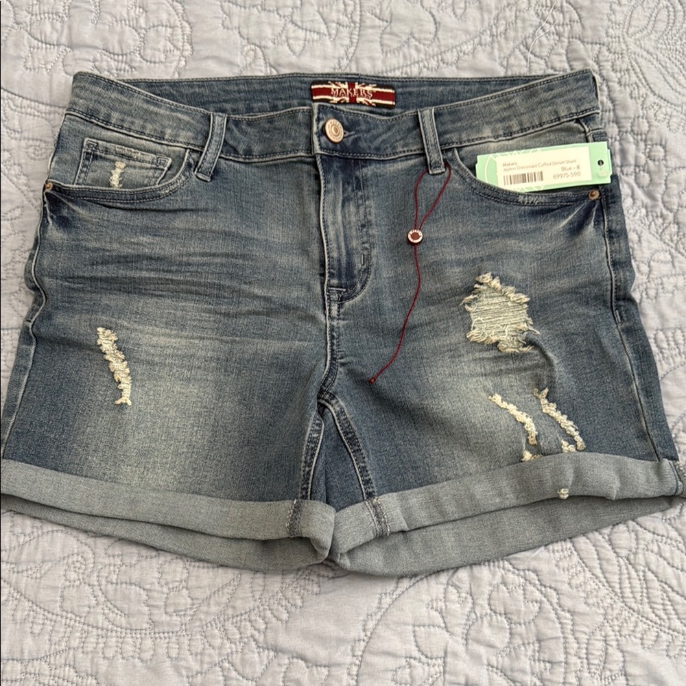 NWT Makers of True Originals Blue Jean Shorts Distressed Mid-Length